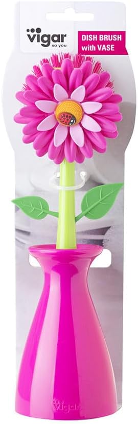 Vigar Flower Power Dish Brush with Handle and Vase Holder - Pink
