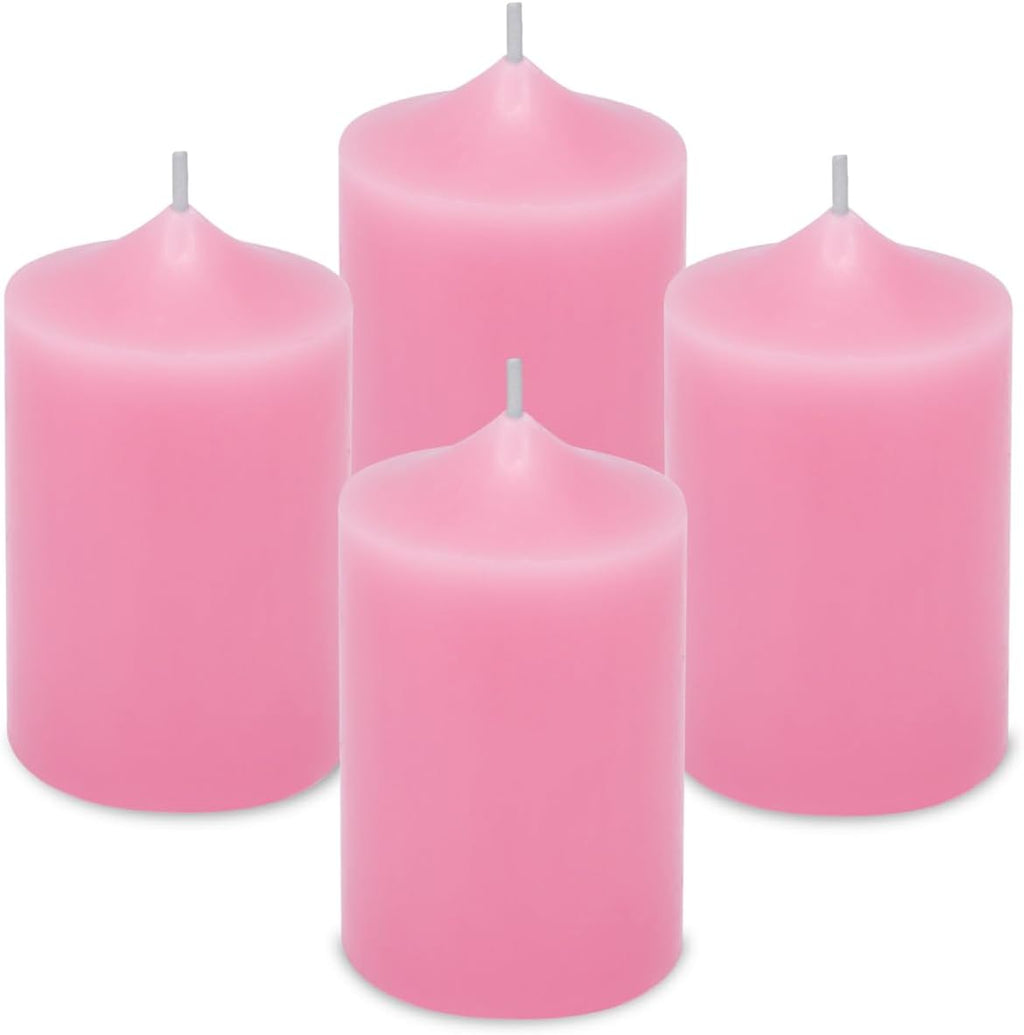 Set of 4 2x3 Inch Pink Pillar Candles, Small Unscented Dripless Solid Pastel Colored Cylinder Column Candles for Home Party Holiday Dinner Table - 24 Hour Burning Time