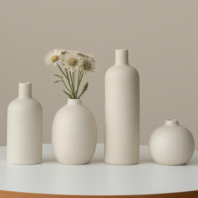 Modern Ceramic Vase Set, Neutral Colors, Decorative Vases for Home Decor, 4 Piece Collection (Beige)