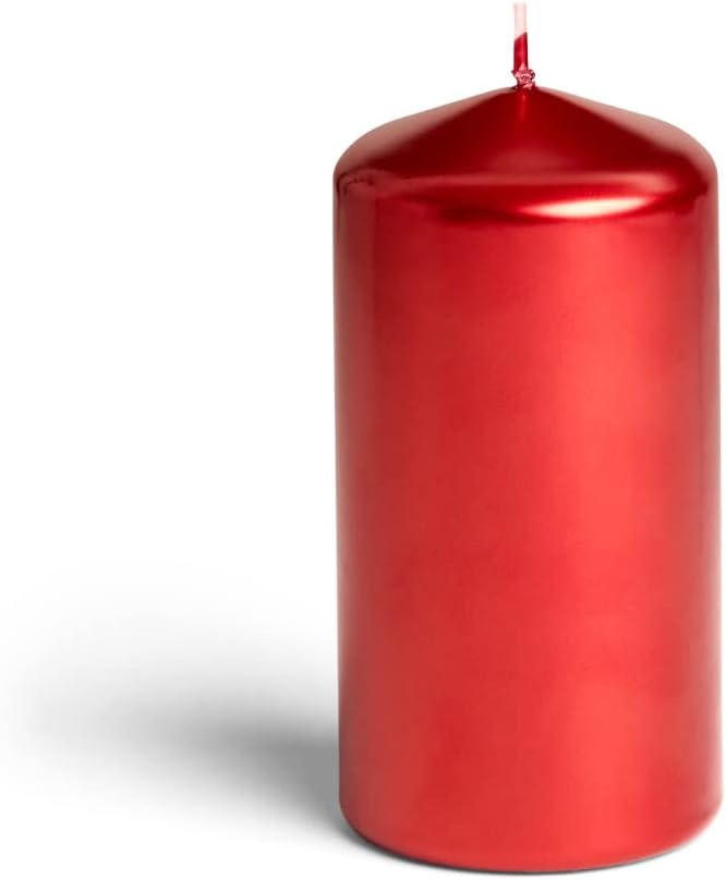 Metallic Cone Top Pillar Candles by Bask - Set of 3-3" x 6" Dripless Unscented Holiday Candles in Metallic Red for Home Decor, Relaxation & All Occasions