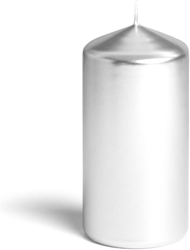 Metallic Cone Top Pillar Candles by Bask - Set of 3-3" x 6" Dripless Unscented Holiday Candles in Metallic Silver for Home Decor, Relaxation & All Occasions