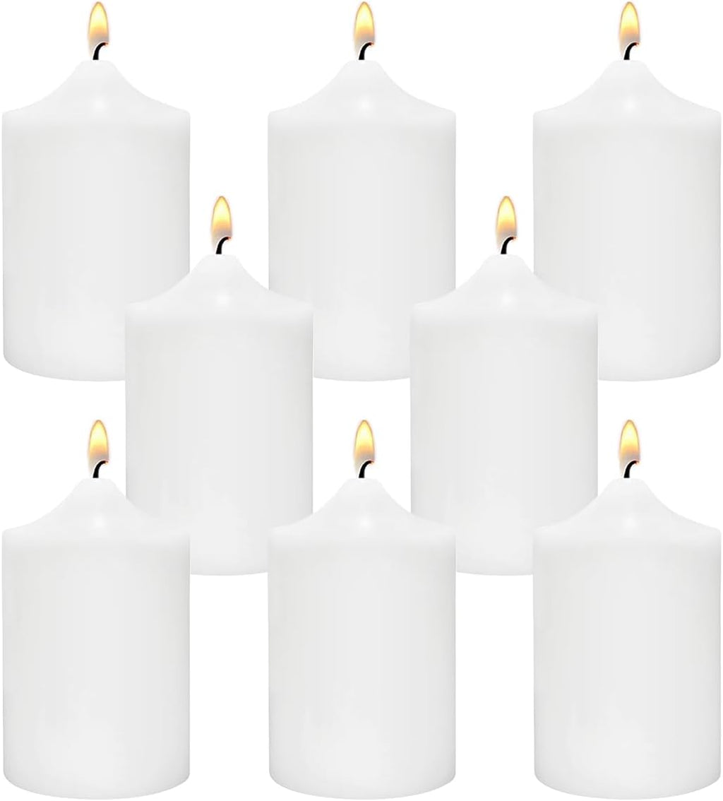 Small Unscented White Pillar Candles, 24 Hour 2x3 Inch Dripless Tapered Column Candles for Home Party Holidays, Set of 8