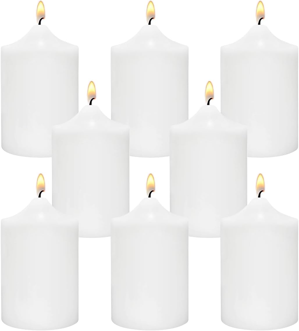 Small Unscented White Pillar Candles, 24 Hour 2x3 Inch Dripless Tapered Column Candles for Home Party Holidays, Set of 8