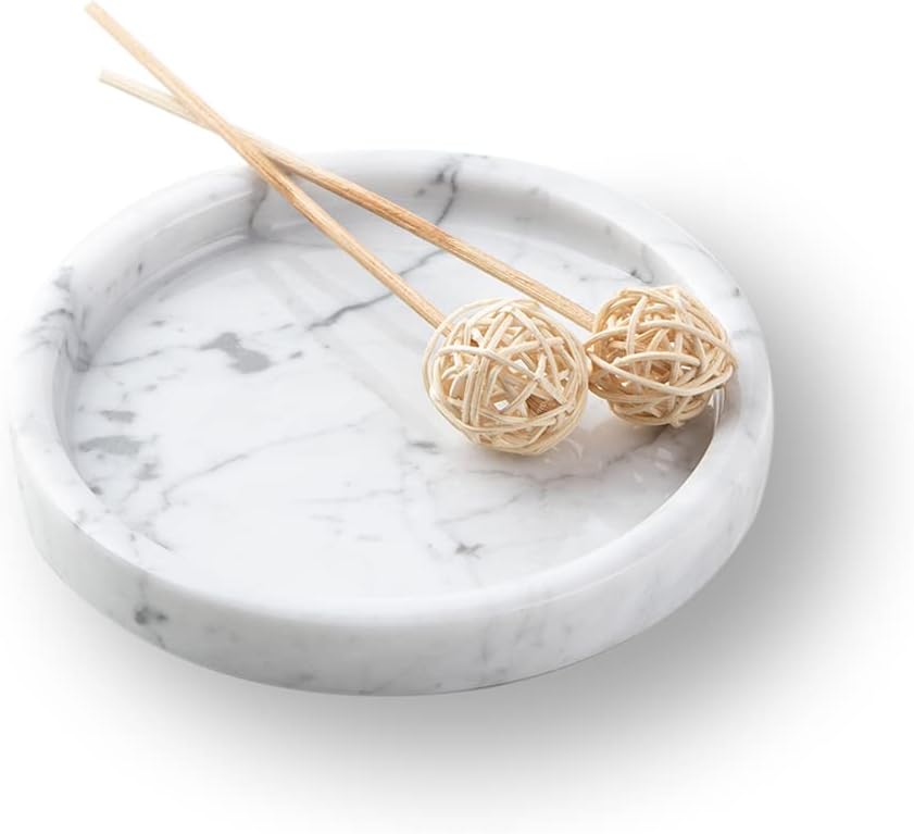 Italian 100% Marble Round Vanity Tray 5.5'', Decorative & Fruit Serving Trays for Bathroom, Kitchen, Nightstand, Jewelry Ring Dish Holder, Table Accents Decor, White