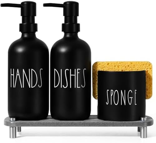 Hand and Dish Soap Dispenser Set, Kitchen Soap Dispenser Set with Sponge Holder, Black Glass Dish Soap Dispenser for Kitchen with Pump, Instant Dry Tray, 17 fl oz Farmhouse Kitchen Decor