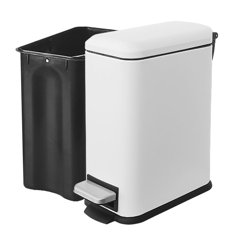 Small Bathroom Trash Can with Lid, 1.3 Gal, Soft Close, White
