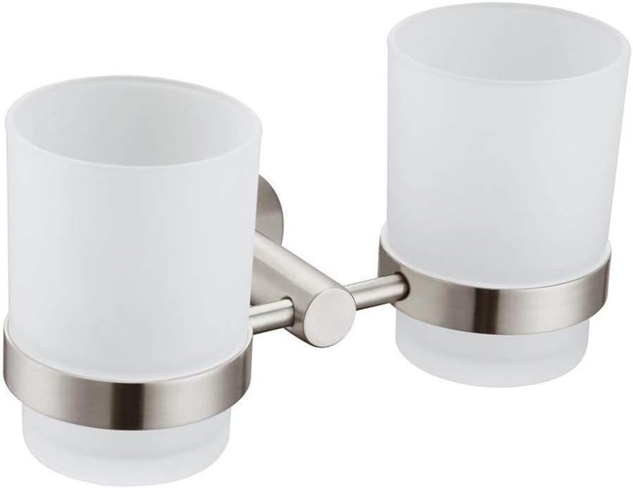 Angle Simple Double Toothbrush Holder Brushed Nickel, 2 Frosted Glass Cups