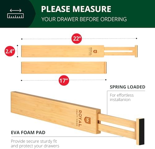 ROYAL CRAFT WOOD Adjustable Bamboo Drawer Dividers Organizers (17-22") - Multipurpose Storage Boxes 5 pcs