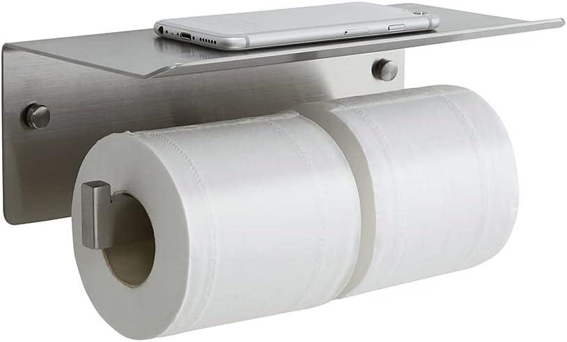 Double Toilet Paper Holder with Shelf,Idealmax Toilet Paper Holder Brushed Nickel,Large Commercial Toilet Paper Dispenser Phone Shelf, Wall Mounted Tissue Roll for Bathroom, Stainless Steel