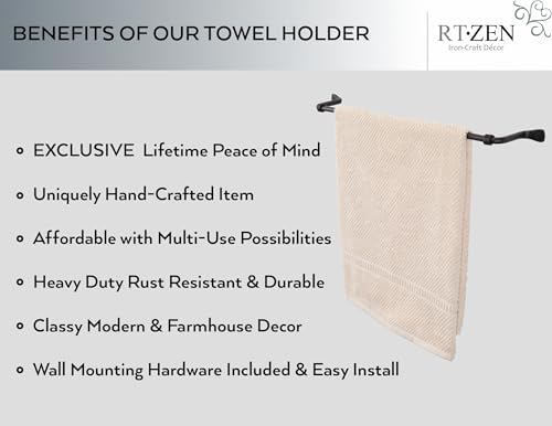 RTZEN Farmehouse Bathroom Towel Holder - Wrought Iron Matte Metal Black Towel Bar Wall Mount Rod - Handmade Home Decor Metal Kitchen Hanger Bar (17'' - Fits 14.5 Inch Towels) (Pack of 2)