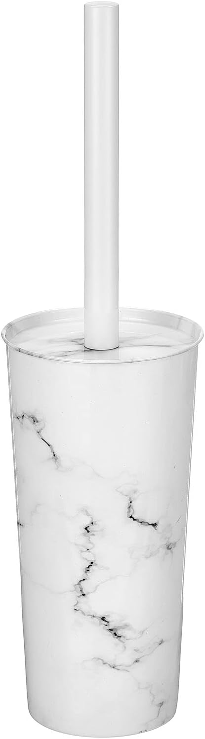 mDesign Stainless Steel Toilet Bowl Brush and Holder Set, Modern Metal Compact Storage Organizer Cleaner Scrubber for Toilet - Heavy Duty Cleaning Plunger for Bathroom, Mirri Collection, White Marble