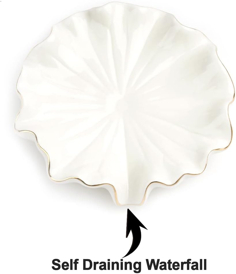 Soap Dish with Drain Ceramic White Lotus Leaf Soap Holder Soap Saver for Bar Soap, Kitchen Sink, and Bathroom Shower