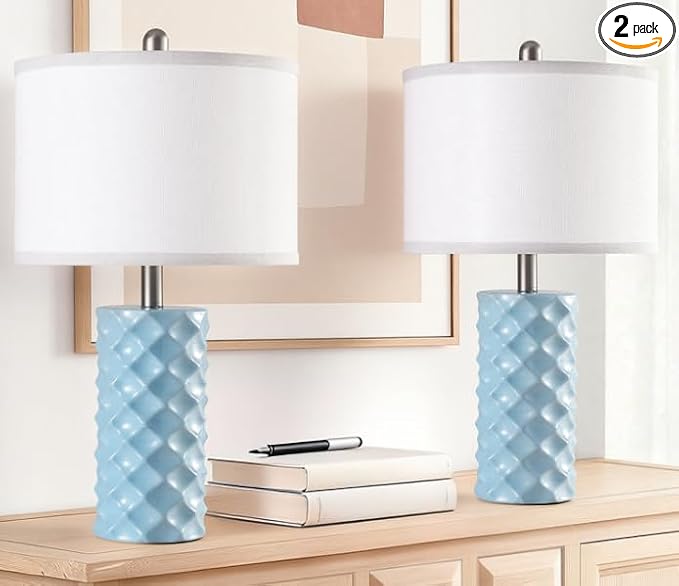 Star Diamond Ceramic Table Lamps Set of 2 - Sky Blue Nightstand Lamps 23"