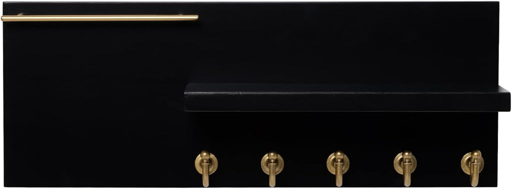 SANY DAYO HOME Real Wood Key Holder Rack Wall Mount 16 x 6 inches Black Entryway Shelf with 5 Gold Hooks, Metal Sunglass Bar, and Floating Board for Keychain, Purse