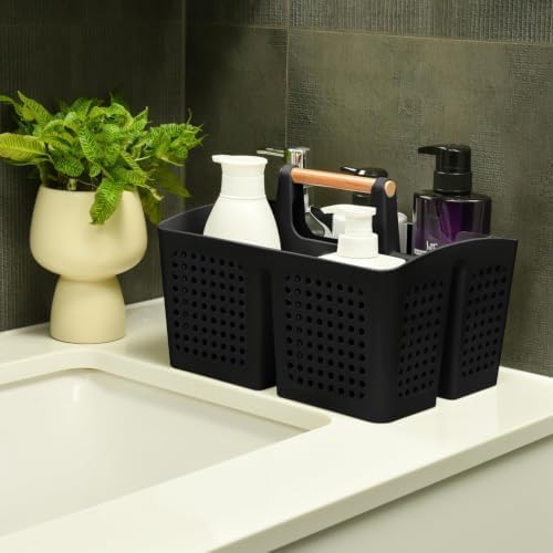 Portable Shower Caddy Basket with 3 Compartments and Handle, Black