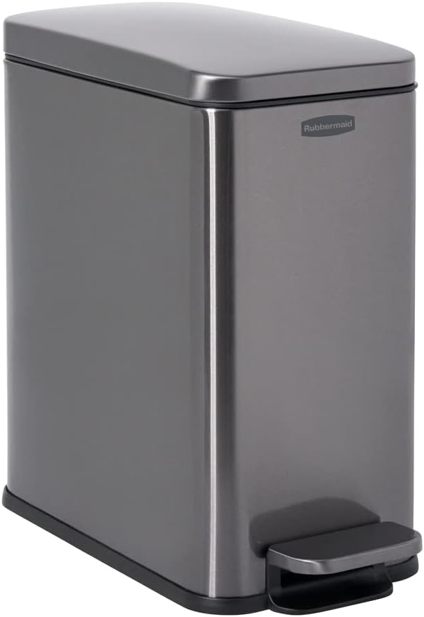 Rubbermaid Charcoal Stainless Steel Slim Step-On Trash Can, 2.6-Gallon, With Lid for Home/Bathroom/Kitchen