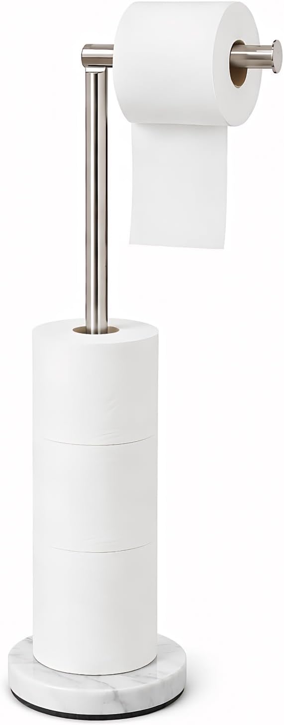 Songtec Toilet Paper Holder Stand, Free Standing Tissue Roll Holder, Heavy Natural Marble Base, Sturdy for 5 Toilet Paper Rolls (Marble Base, Brushed Nickel)