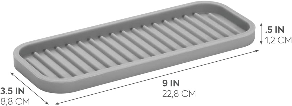 iDesign 63883 Lineo Silicone Kitchen Sink Tray for Sponges, Scrubbers, Soap, Stovetop Spoon Holder, 9" x 3.5" x 0.5", Gray