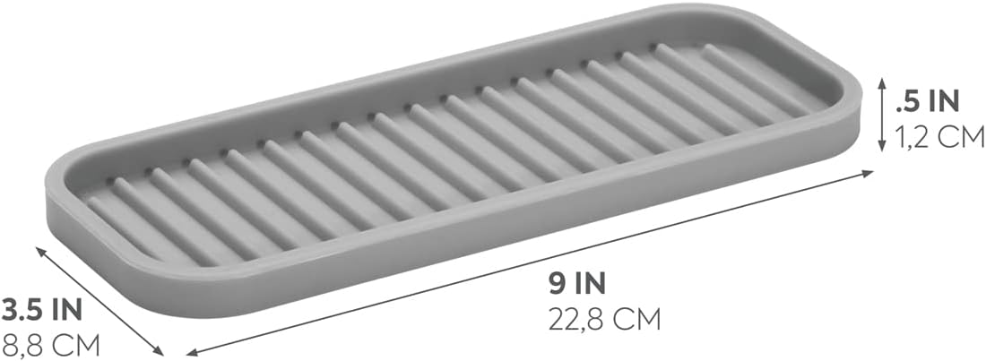 iDesign 63883 Lineo Silicone Kitchen Sink Tray for Sponges, Scrubbers, Soap, Stovetop Spoon Holder, 9" x 3.5" x 0.5", Gray