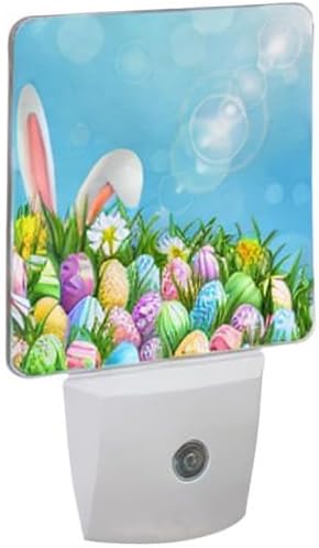 Easter Colorful Eggs Rabbit Night Light Set of 2 Nightlights Plug-in LED Nightlight Auto Dusk-to-Dawn Sensor Lamp for Bedroom Bathroom Home Decor