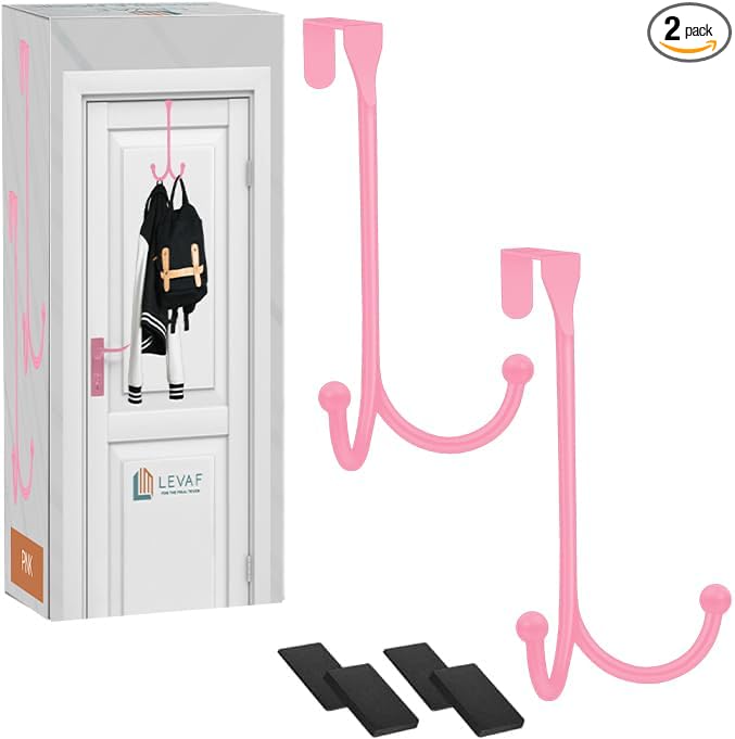 2-Pack Over The Door Hooks - with 2 Hang Heads & Snug Fit Pads Heavy Duty Hook for Hanging Coats, Towels, Caps & Robes - Elegant Matt Finish - No Drill Hanger Organizer - Pink