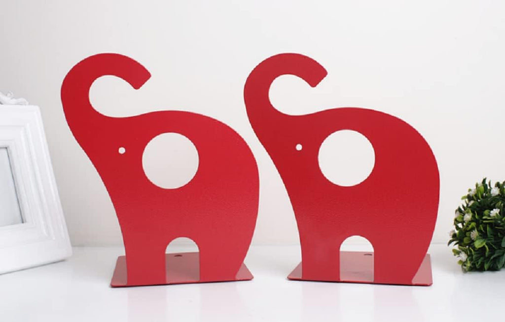 one Pair Cute Cartoon Elephant Nonskid Bookends Art Bookend Metal Bookends (Red)