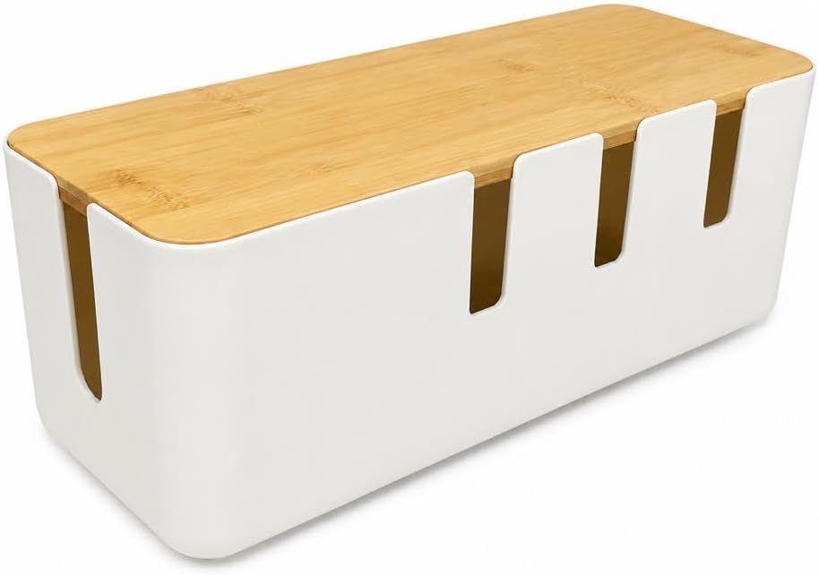 Cable Management Box with Bamboo Lid, Large Cord Organizer Box for Power Strips, Surge Protector & Charger Cables, Wire Hider Organizer for Home, Office, Desk & TV Stand, White (30.3 x 12.3 x 11.6 cm)