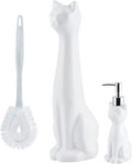 Allure Home Creation Cat 3-Piece White Ceramic Toilet Brush Holder w/White Plastic Handled Scrub Brush & Soap Dispenser