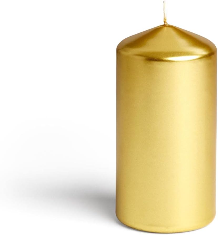 Metallic Cone Top Pillar Candles by Bask - Set of 3-3" x 6" Dripless Unscented Holiday Candles in Metallic Gold for Home Decor, Relaxation & All Occasions