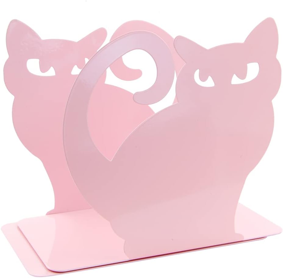 Cute Vivid Lovely Persian Cat Nonskid Thickening Iron Metal Bookends Book Organizer for Library School Office Home Study Desk Organizer (Pink)
