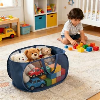 4 Piece Popup Mesh Laundry Basket Durable Handles Collapsible Laundry Baskets Folding Clothes Pastic Hamper for Laundry Room College Dorm (Navy Blue)