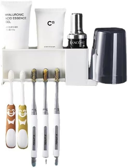 5 Slots Wall Mount Toothbrush Holder with Storage Box, Self Adhesive Toothbrush Storage Organizer for Shower, Toothpaste & Toothbrush Hanger for Bathroom, Medicine Cabinet, Dorm (White)
