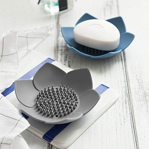 3 Pack Soap Dish Holder, Bar Soap Tray with Drain, Lotus Silicone Soap Saver Case for Shower Bathroom (Blue, Green, Grey)