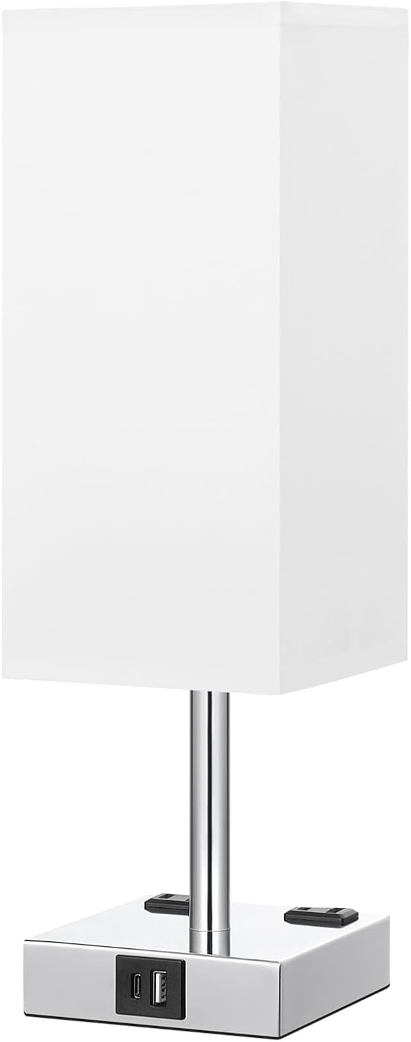 White Touch Table Lamp for Bedroom - Dimmable, USB C+A, 2 AC Outlets