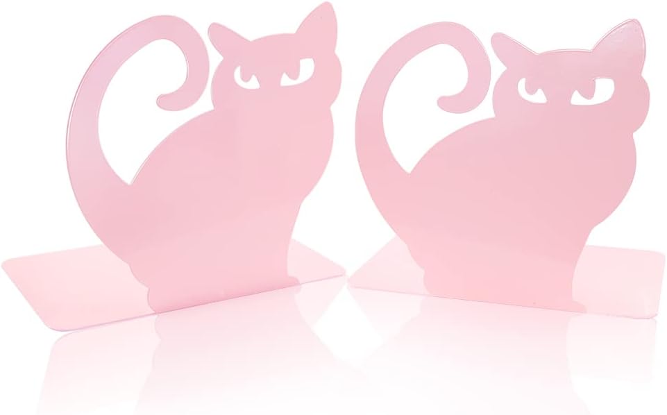 Cute Vivid Lovely Persian Cat Nonskid Thickening Iron Metal Bookends Book Organizer for Library School Office Home Study Desk Organizer (Pink)