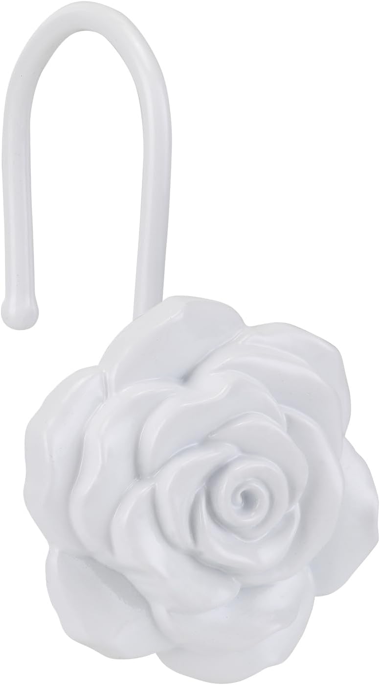Metal Rose Shower Curtain Hooks, Rust-Resistant Hooks for Shower Curtain Rods, Set of 12, Beautiful Floral Rose Design Bathroom Decoration Hooks (White)