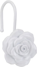 Metal Rose Shower Curtain Hooks, Rust-Resistant Hooks for Shower Curtain Rods, Set of 12, Beautiful Floral Rose Design Bathroom Decoration Hooks (White)