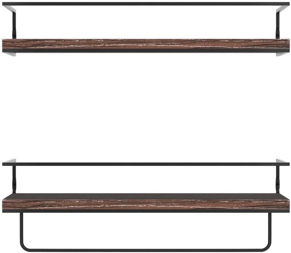 Shario Rustic Wood Floating Shelves - Set of 2, Wall Mounted Hanging Shelves with Black Towel Rack, Decorative Storage Shelves for Bathroom, Kitchen, Living Room & Bedroom (Dark Carbonized Brown)