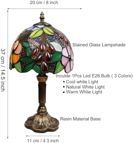 Tiffany Small Table Lamp 3-Way Color Temperatures Grape Rose Flower Stained Glass Lamps for Living Room Bedroom Bedside Nightstand Home Office Desk Night Light+LED Bulb 8X8X15Inch