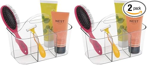 mDesign Small Plastic Shower/Bath Storage Organizer Caddy Tote with Handle for Dorm, Shelf, Cabinet - Hold Soap, Shampoo, Conditioner, Combs, Brushes, Lumiere Collection, Clear (Pack of 2)