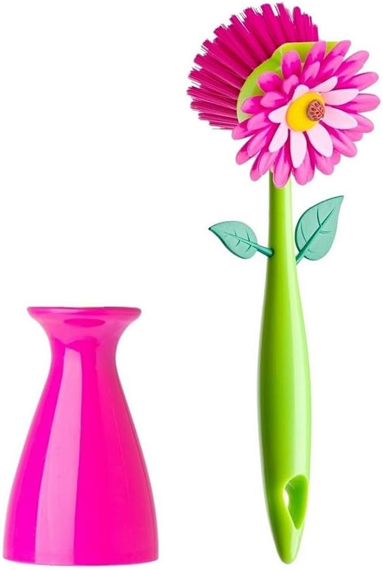 Vigar Flower Power Dish Brush with Handle and Vase Holder - Pink