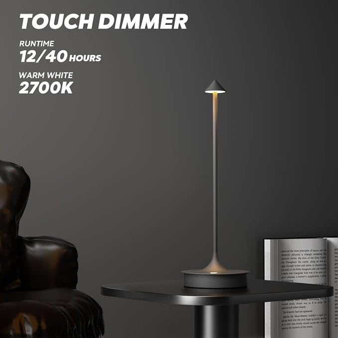 Small Cordless Table Lamp Rechargeable, Battery Operated Desk Lamp, 4000mAh LED Touch Lamp, Dimmable Portable Outdoor Waterproof Wireless Table Light for Restaurants/Bars/Outdoor(1PC,Gray)
