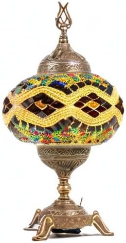 DEMMEX Battery-Operated Turkish Moroccan Mosaic Table Lamp – 12”H, 5”W, Portable Stained Glass Lantern for Indoor & Outdoor Use, Cordless Handmade Decorative Light for Bedroom, Patio & Camping, Amber