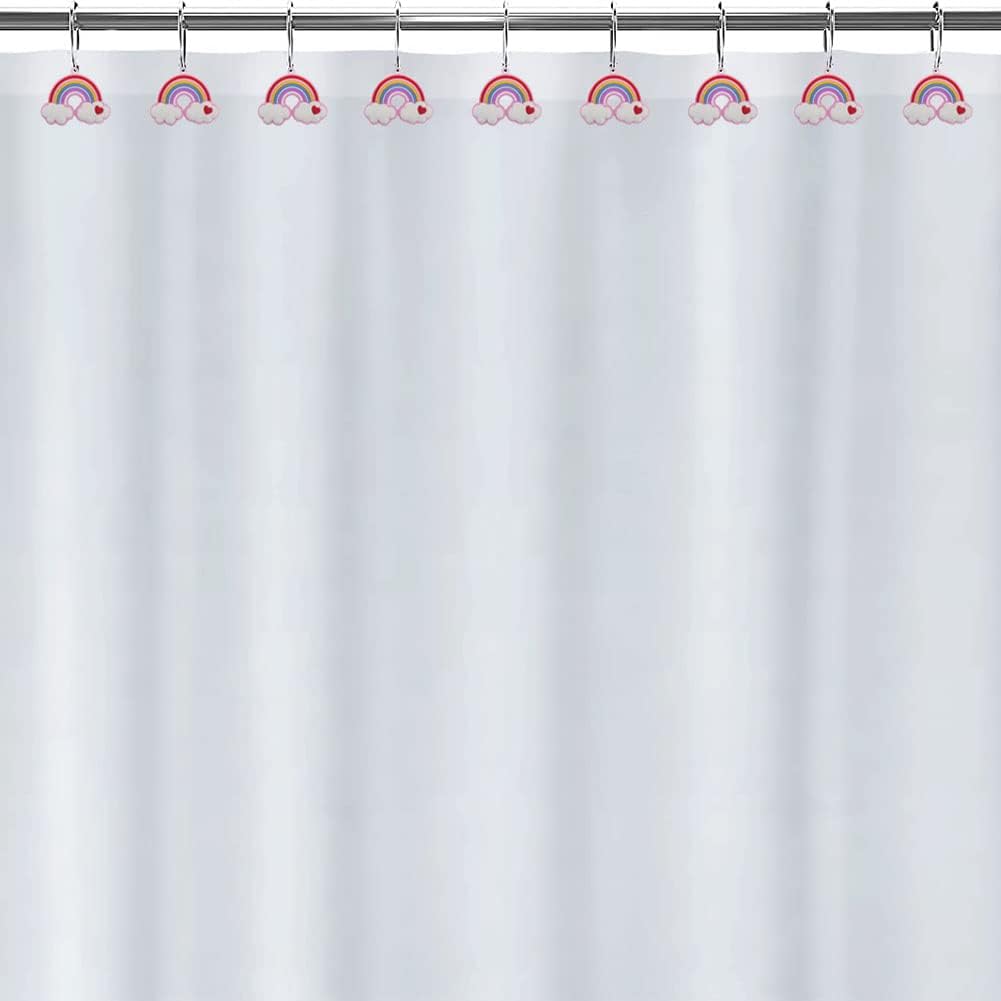 Decorative Rainbow Shower Curtain Hooks for Kids Bathroom - Rust-Proof Metal Stainless Steel Curtain Rings Set of 12 Fairy Fantasy Resin Rainbow Cloud Heart Kids Dormitory Bathroom Decor