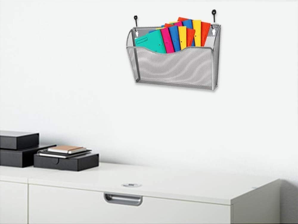 YBM Home Mesh Wall Mount File Organizer Holder for Home and Office, Single Pocket Hanging File Holder for Folders, Documents, Letters, and Magazines, Silver 1 Pack