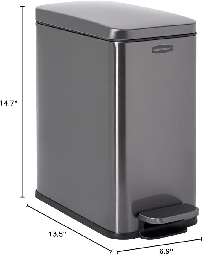 Rubbermaid Charcoal Stainless Steel Slim Step-On Trash Can, 2.6-Gallon, With Lid for Home/Bathroom/Kitchen