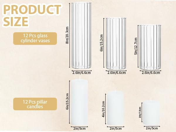 12 Pack White Pillar Candles + 12 Pack Vertical Ribbed Clear Glass Cylinder Holders, Hurricane Candle Shades for Wedding, Home, Party Table Centerpieces Decor