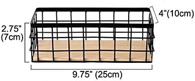 KiaoTime Metal Wire Storage Organizer Bin Basket, Home Kitchen Restaurant Coffee Bar Station Counter Sugar Sweetener Tea Packets Holder, Rustic Style Wire Grid Wooden Base Organizing Basket