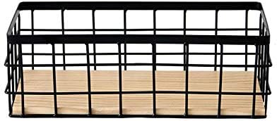 KiaoTime Metal Wire Storage Organizer Bin Basket, Home Kitchen Restaurant Coffee Bar Station Counter Sugar Sweetener Tea Packets Holder, Rustic Style Wire Grid Wooden Base Organizing Basket