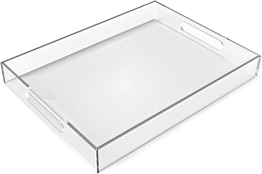 12"x16" Acrylic Serving Tray with Handles, Spill Proof Clear Decorative Tray, Lucite Tray for Coffee Table, Vanity, Makeup Organizer